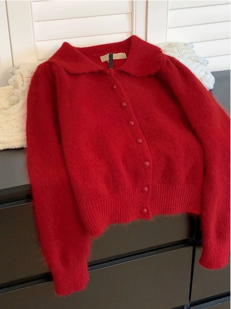 

Sweater Coat Red Women's Short Lapel Cardigan Autumn and Winter Inner Wear Fashionable All-Match Loose Pure Color Thickened Warm