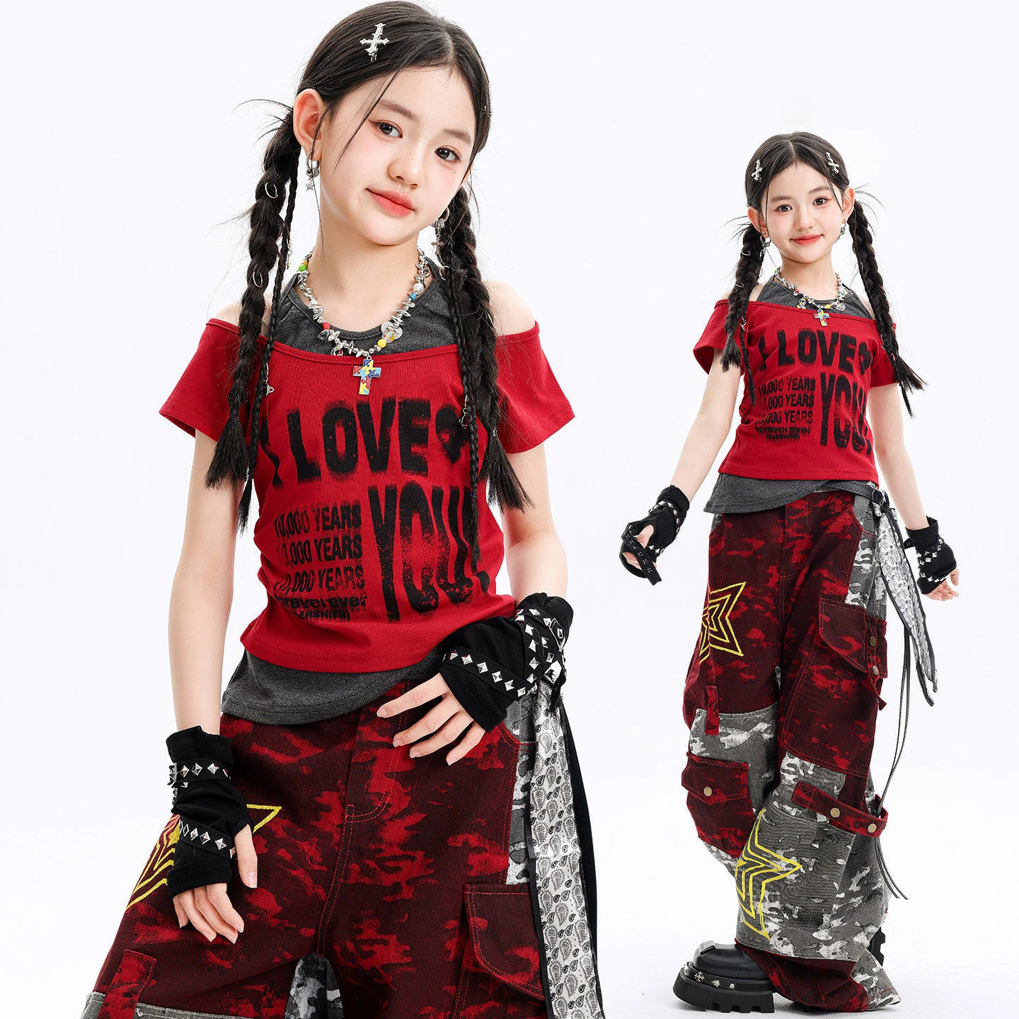 

Kid Kpop Hip Hop Clothing Red Gray Patchwork Halter Side Ruched Crop T Shirt Camo Multi Pockets Pants for Girls Dance Costumes