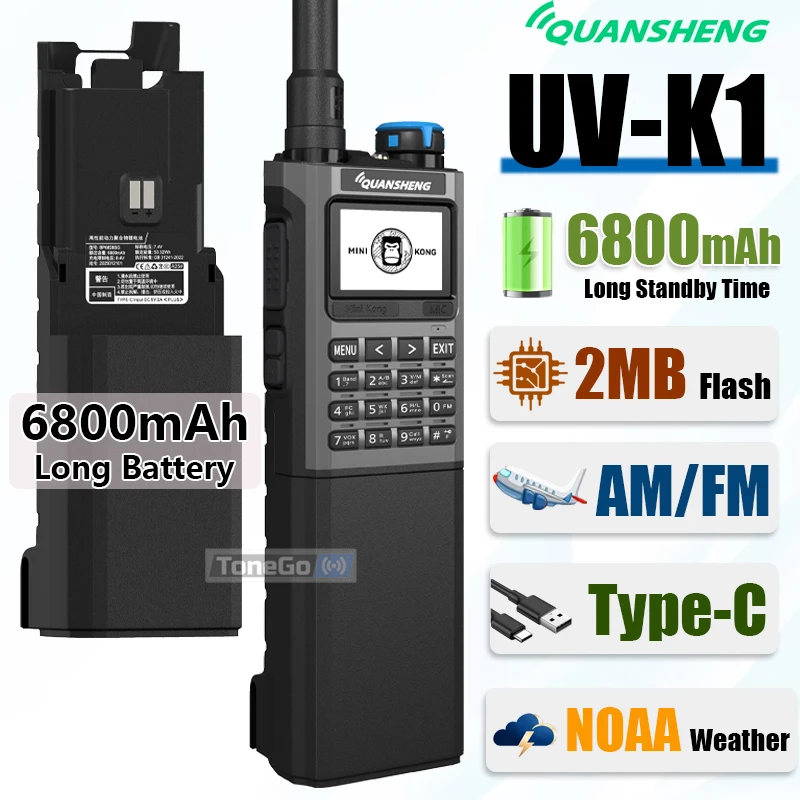 Quansheng UV-K1 Multi-Band Walkie Talkie 6800mAh Longer Battery Air Band Receive Wireless Copy USB-C NOAA Long Range TwoWayRadio