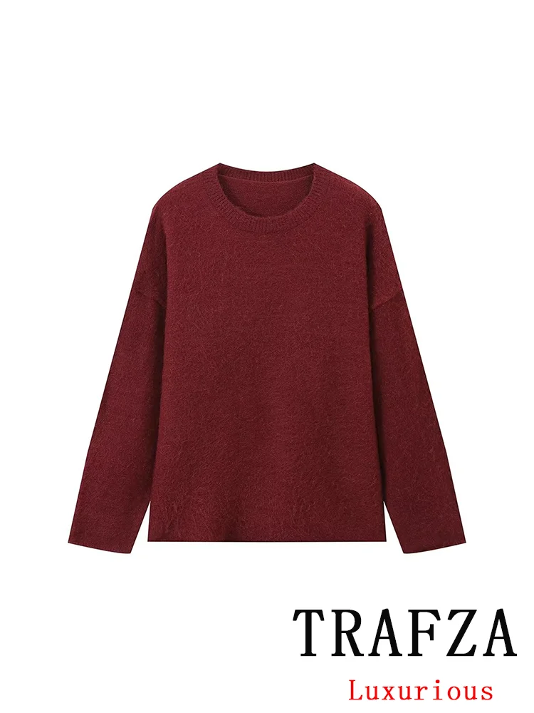 TRAFZA Vintage Casual Chic Women Sweater Solid Claret O-Neck Long Sleeve Knitted Loose Sweater Fashion 2024 Autumn Winter Tops