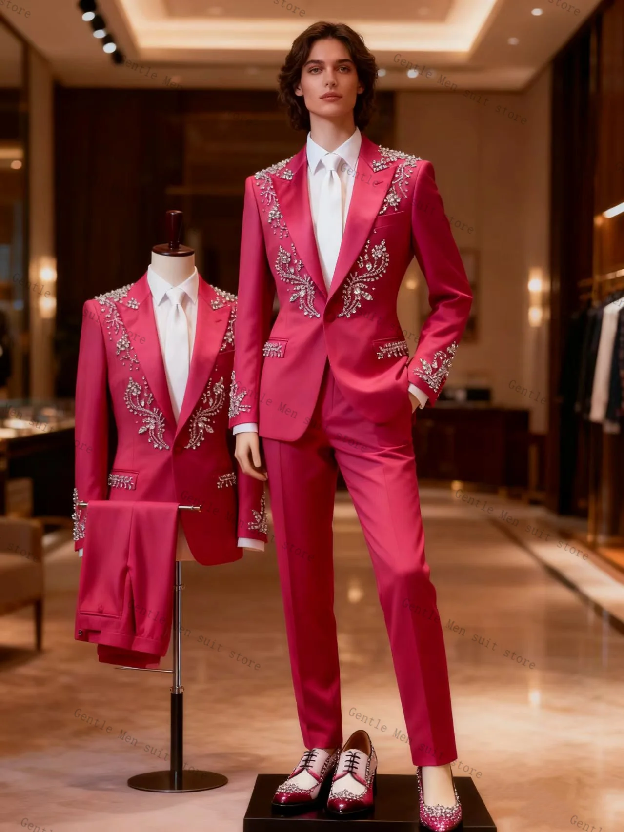 

Розовый мужской костюм-двойка: пиджак + брюки, с кристаллами, для жениха, свадебный смокинг, хлопок, для офиса, деловой, на заказ