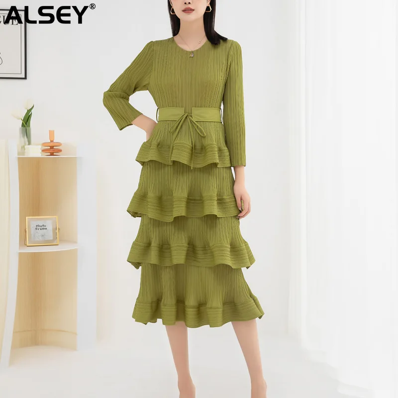 

ALSEY Miyake Pleated Cake Dresses for Women 2024 Autumn New Bow Knot Lace High Waist Patchwork Female Formal Occasion Dresses