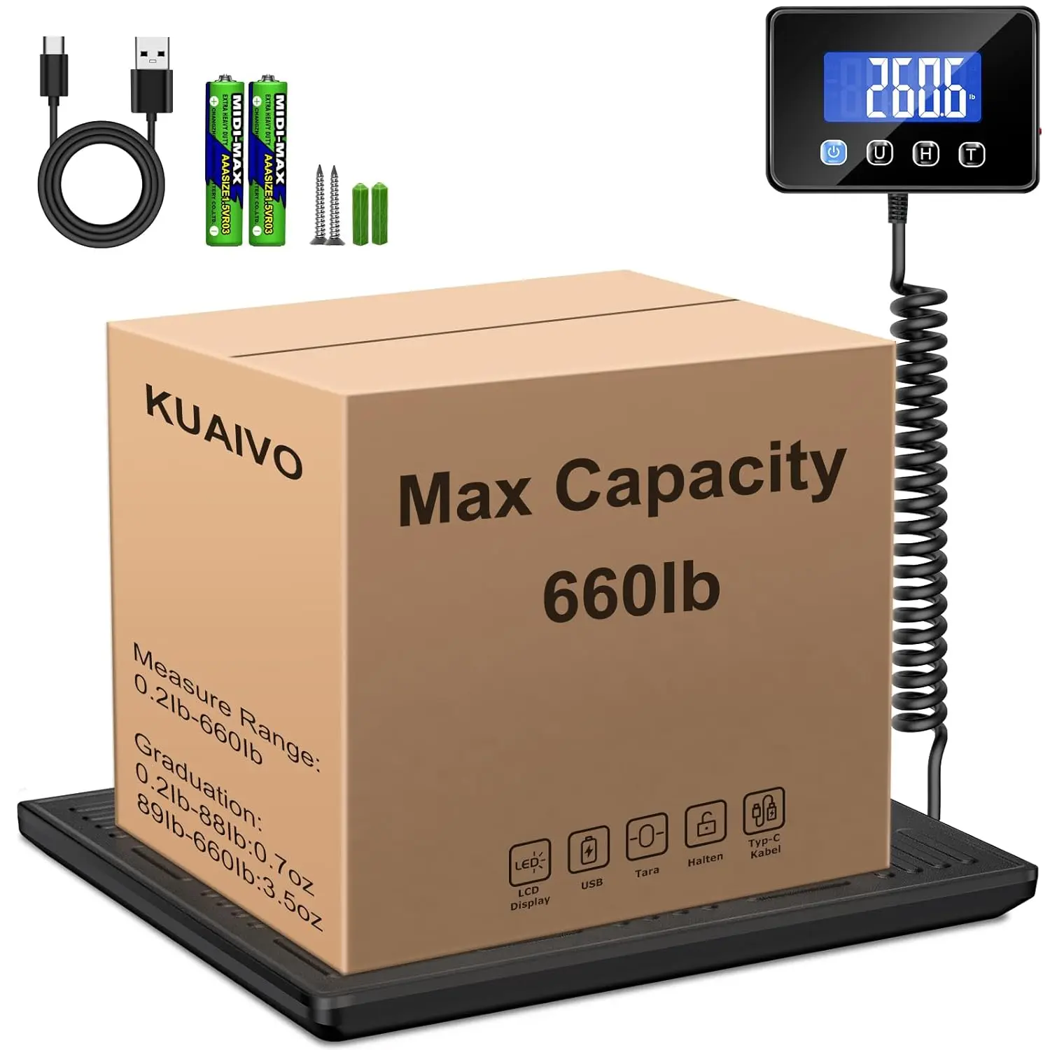 

Heavy Duty Digital Luggage Scale, 660lbs Capacity, High Accurate for Packages, Small Business & Home Use with Battery & Cable