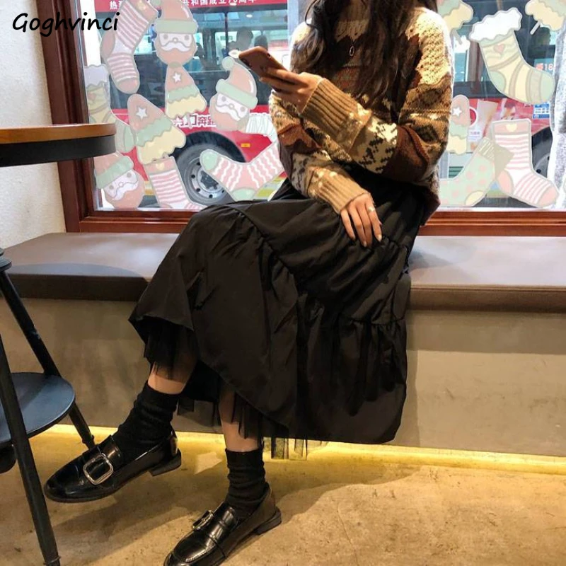 

Women Skirts Loose Mesh Patchwork Pleated Princess Chic Leisure All-match Streetwear Personality Literary Youthful Cozy Design