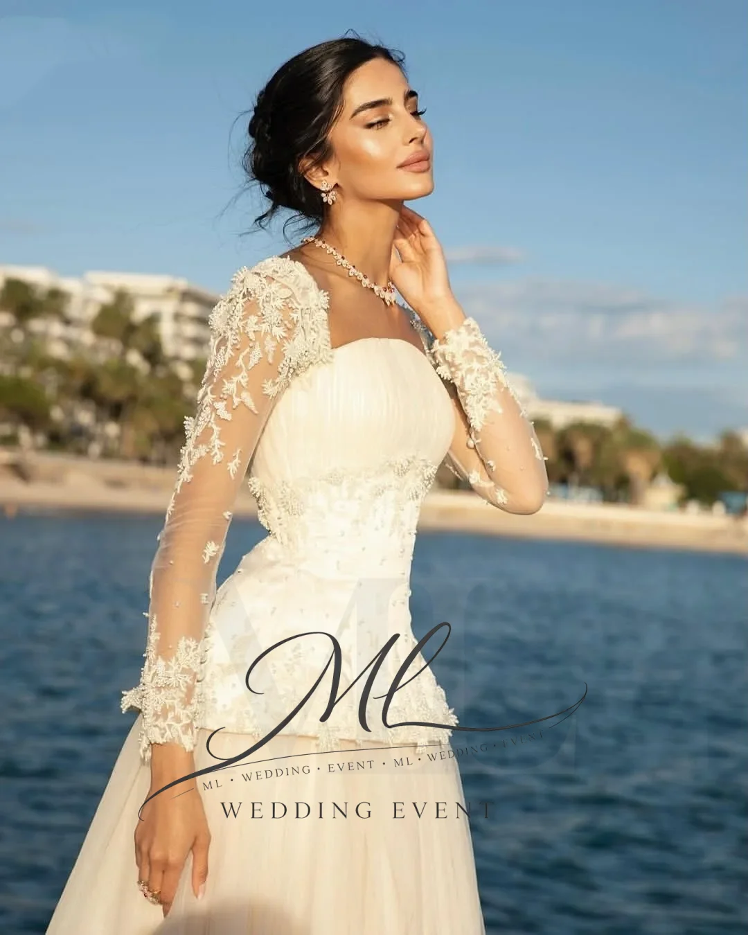 ML Exquisite Full Sleeve Wedding Dresses Woman A-Line Bridal Gowns Lace Pearl Floor-Length Customized Vestidos De Novia Newest