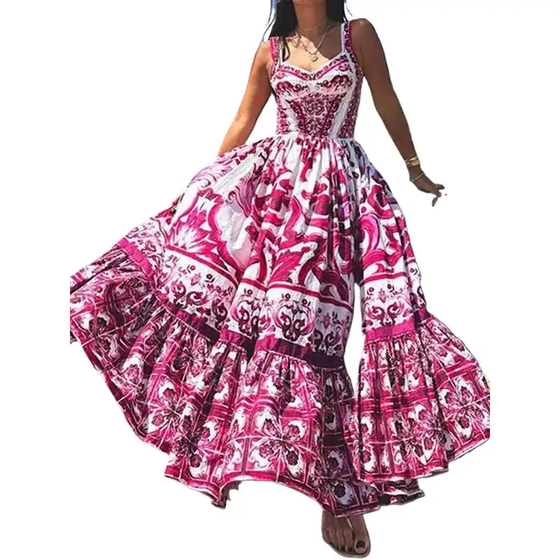 Summer Women\'s Bohemian Sling Long Dress 2025 Spring New Holiday Beach Female Elegant Big Swing Print Sleeveless A-line Dresses