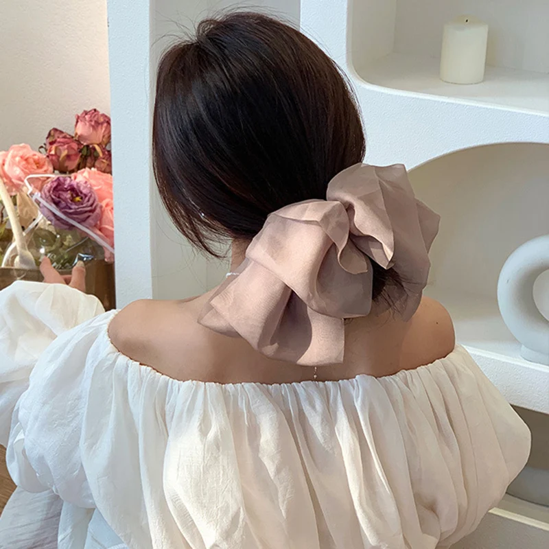 Lystrfac 2022 New Solid Color Mesh Oversize Hairpin for Women Back Head Bow Hair Clips Headdress Female Hair Accessories