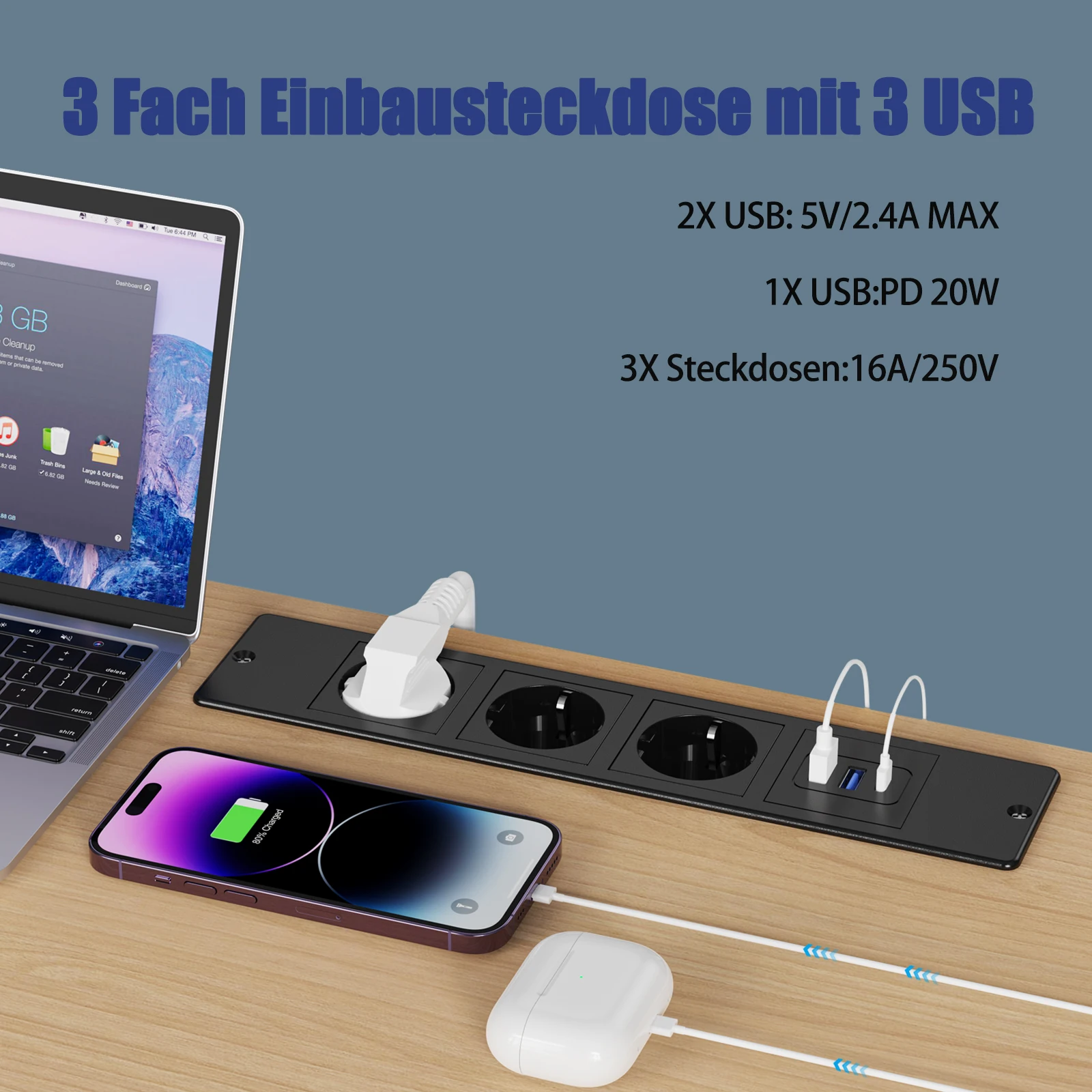 EU KR Table Bulit in Sockets Desktop Recessed Sockets with 3AC Outlets 2 USB Fast Charge TYPE-C Hidden Electric Power Strip image 3
