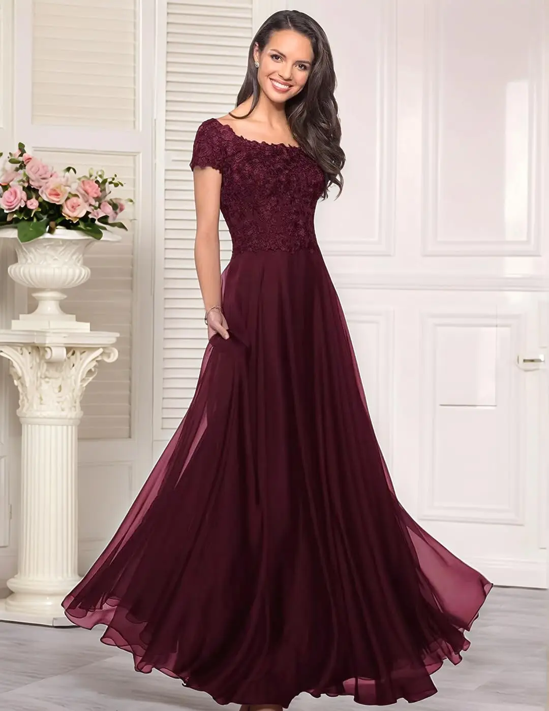 

Short Sleeves Mother of The Bride Dresses for Wedding A Line Lace Appliques Chiffon Formal Evening Dress