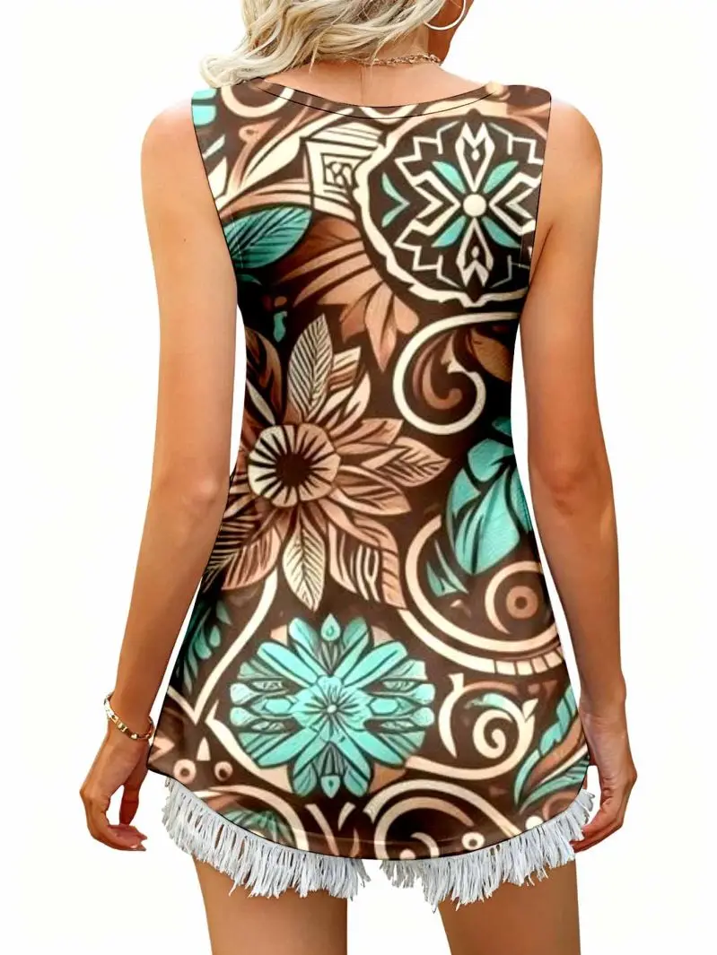 Retro V-neck Sleeveless Waist Cinching Printed Casual Vest Top Meat Blocking Comfortable Fashion for Women