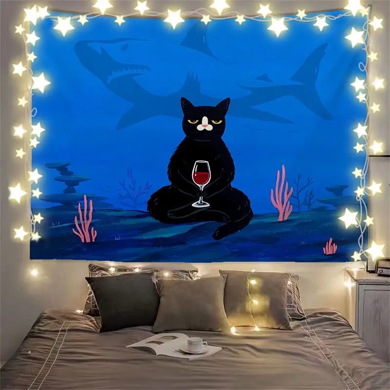 VIKAMA Funny Meditating Black Cat Tapestry Underwater Shark Wall Hanging for Bedroom