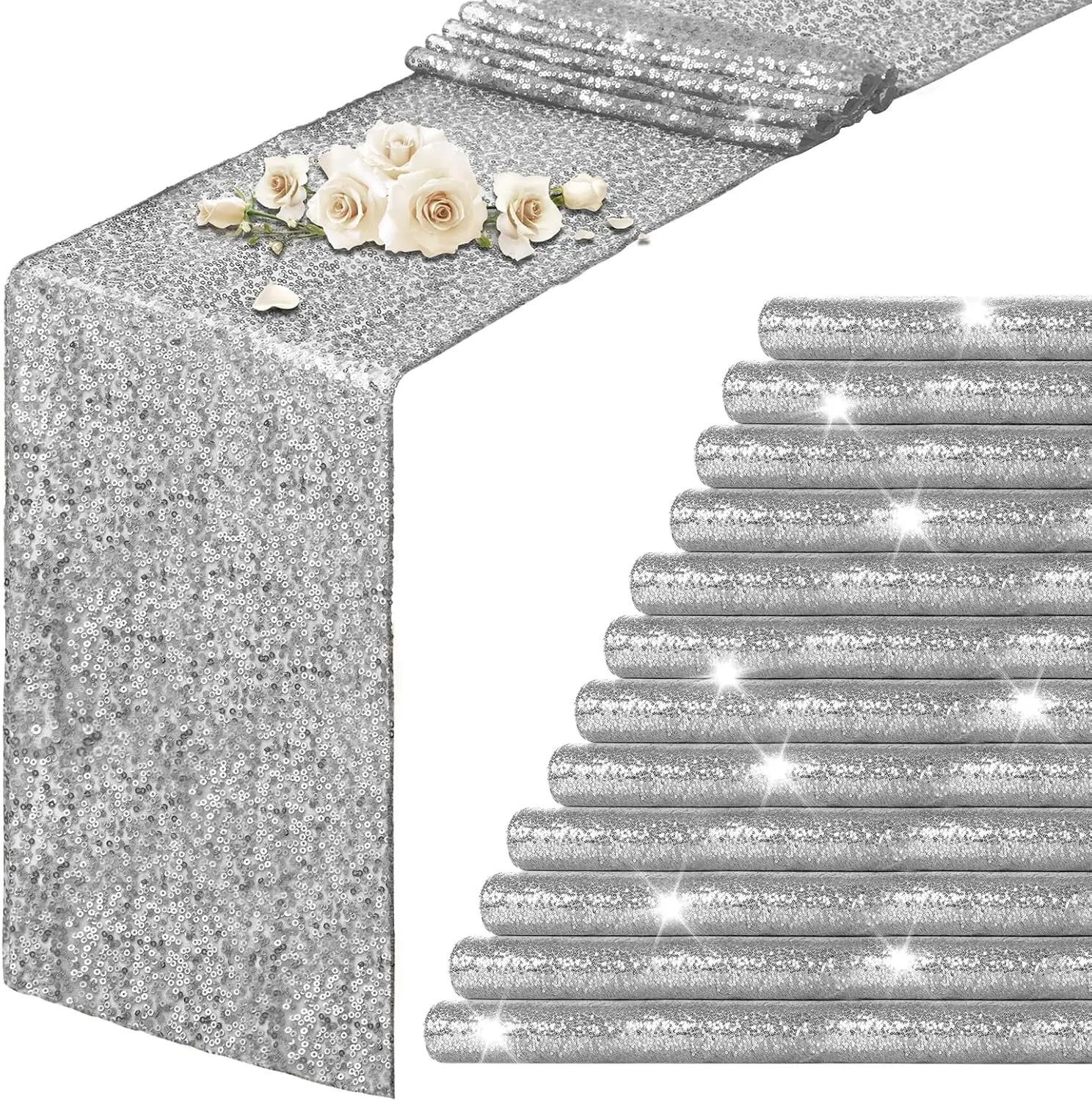 12 Packs Silver Sequin Table Runners 12 x 72 Inch Glitter Dining Table Runner Sparkle