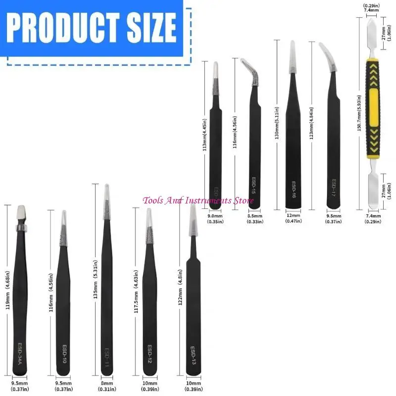10/11 Piece Stainless Steel Industrial Tweezers Set for Precisions Tasks with Nonslip Handle and Canvas Storage Bag C7AC