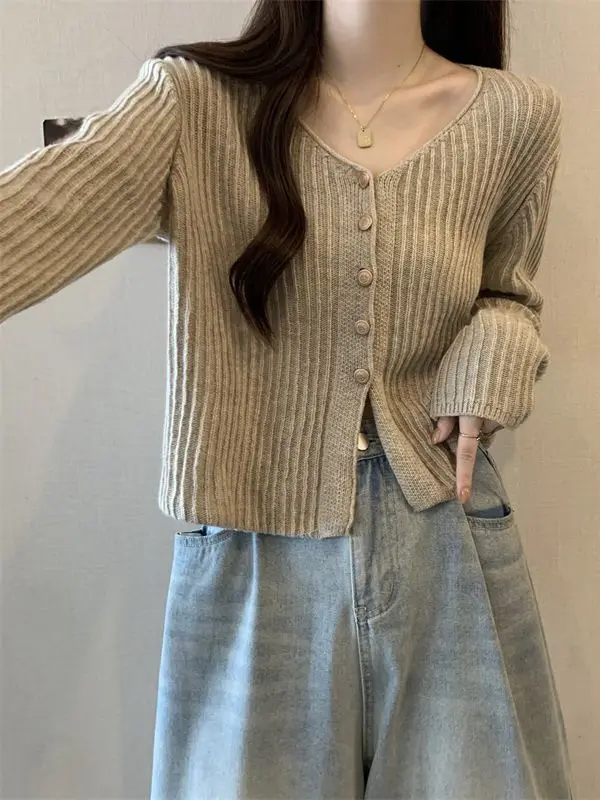 

Women's Knitted Open Cardigan V-Ne Sweater Jaet ort Loose Outerwear Spring Autumn Thin High-End Feeling Top