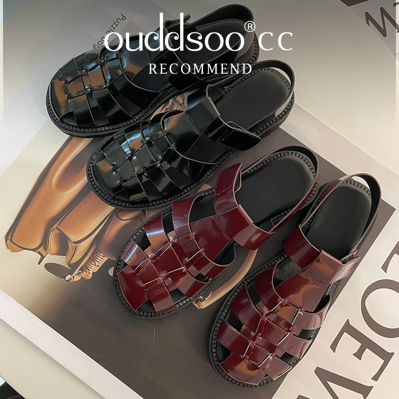 

Ods Genuine Leather Women Retro Fisherman Sandals Summer Buckle Low Heels Closed Toe Shoes Luxury Brand Mens Slippers 4041434546