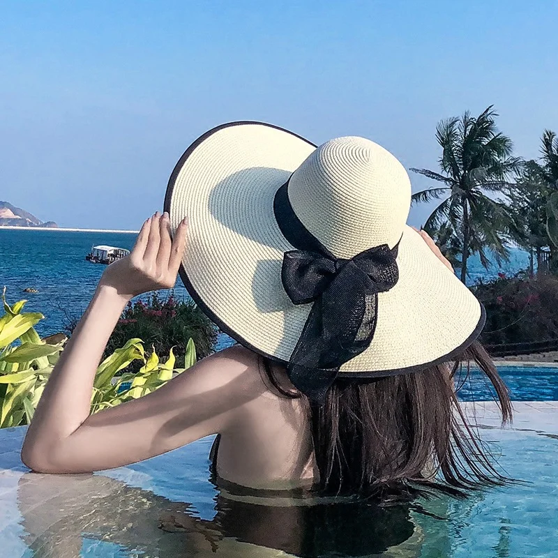 Women Summer Beach Travel Straw Hat Korean Seaside Big Hat Brim Sunblock Sunshade Holiday Foldable Fashion Big Cool Hat