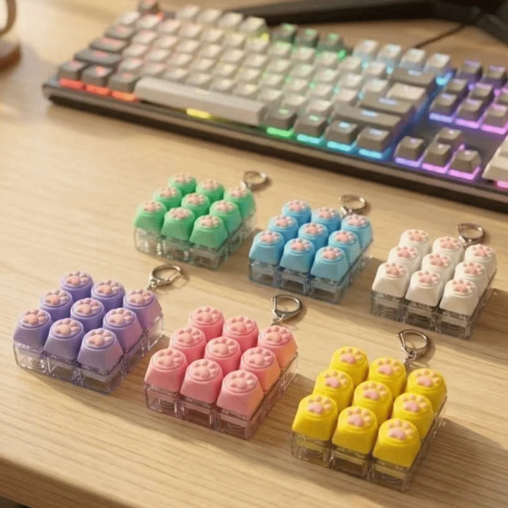 Cat Paw Button Cat Fidget Keychain 9 Keys Luminated Button Cat Mechanical Keyboard Keyring Silent Keys Portable Design