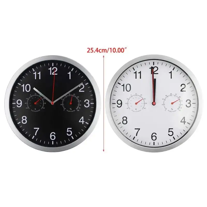 

Silent Metal Quartz Wall Clock Quiet Movement Thermometer Hygrometer Sweep