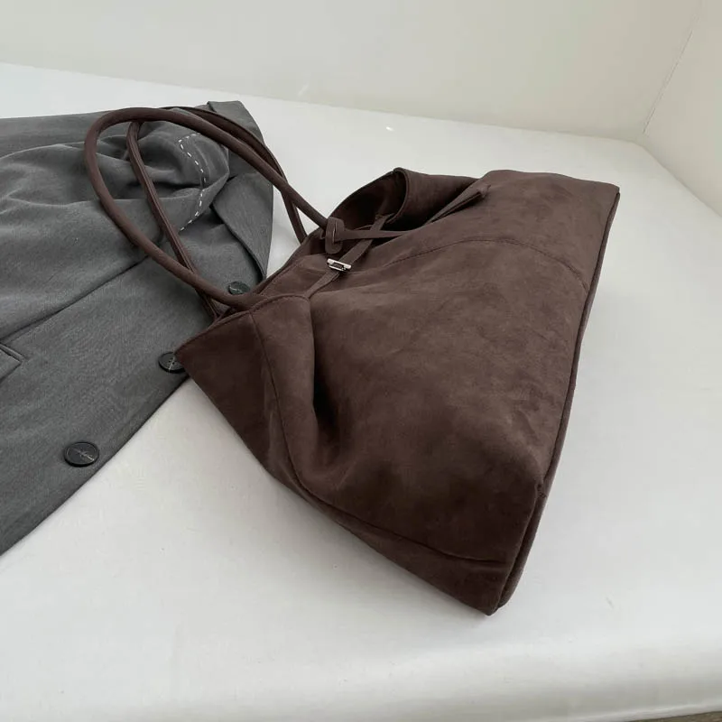Women Suede Tote Bag Solid Color Shoulder Bag Large Capacity Handbags Trendy Satchel Bags Work Travel Shopping Commuter Tote Sac
