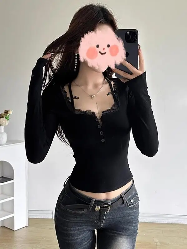 

Женская футболка больших размеров с длинным рукавом, осенне-зимняя, с кружевной отделкой, на пуговицах, с завышенной талией, модный топ для ношения под одеждой