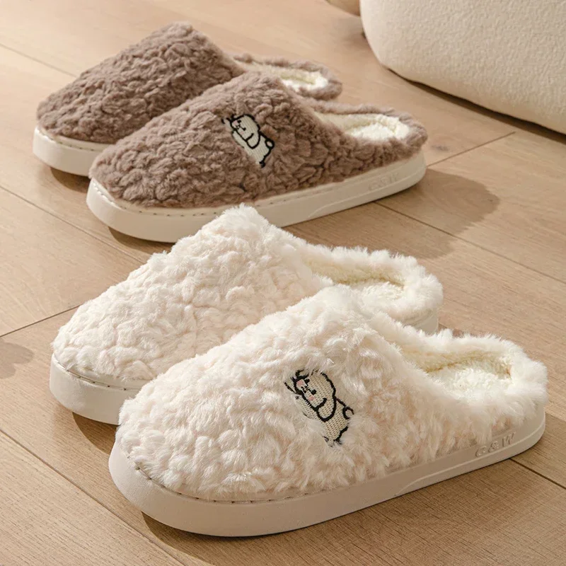 Winter Plush Warm Women Cotton Slippers Casual  Indoor Home Toe Wrap Fluffy Slides Men Anti Slip Autum Dog Cartoon Soft Shoe