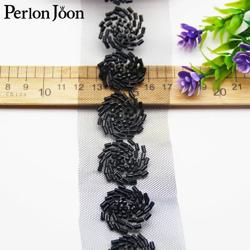 

5 Yards Spiral Flower Shape Black Glass Bead Imitation Handmade Mesh Lace Trim DIY Decoration Clothing Dresses Accessories HB057