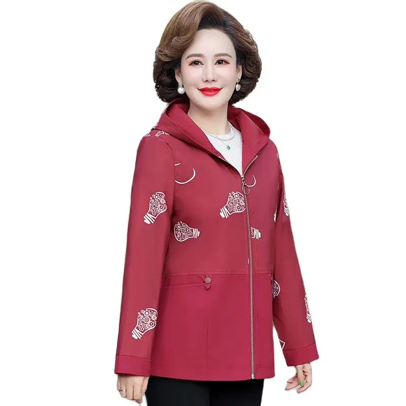 

Spring And Autumn Print Fashion Windbreaker Coat 2023 New Middle-aged Ladies Western Style Hooded Loose Slim Coatpocket5XL Tide