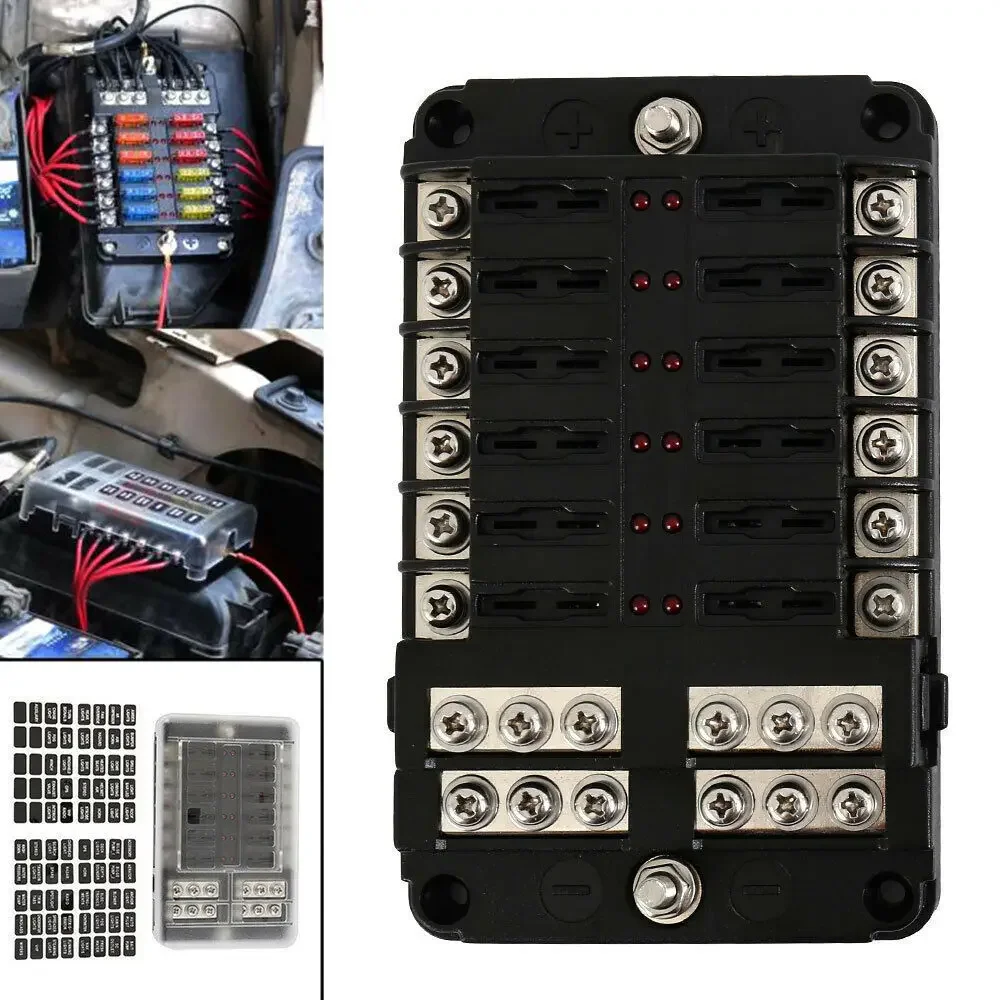 Circuit Standard 12 Way Blade Fuse Box Bus Bar Car Kit with Cover Marine Fuse Box Holder 12V/32V for Car Boat Marine Trike