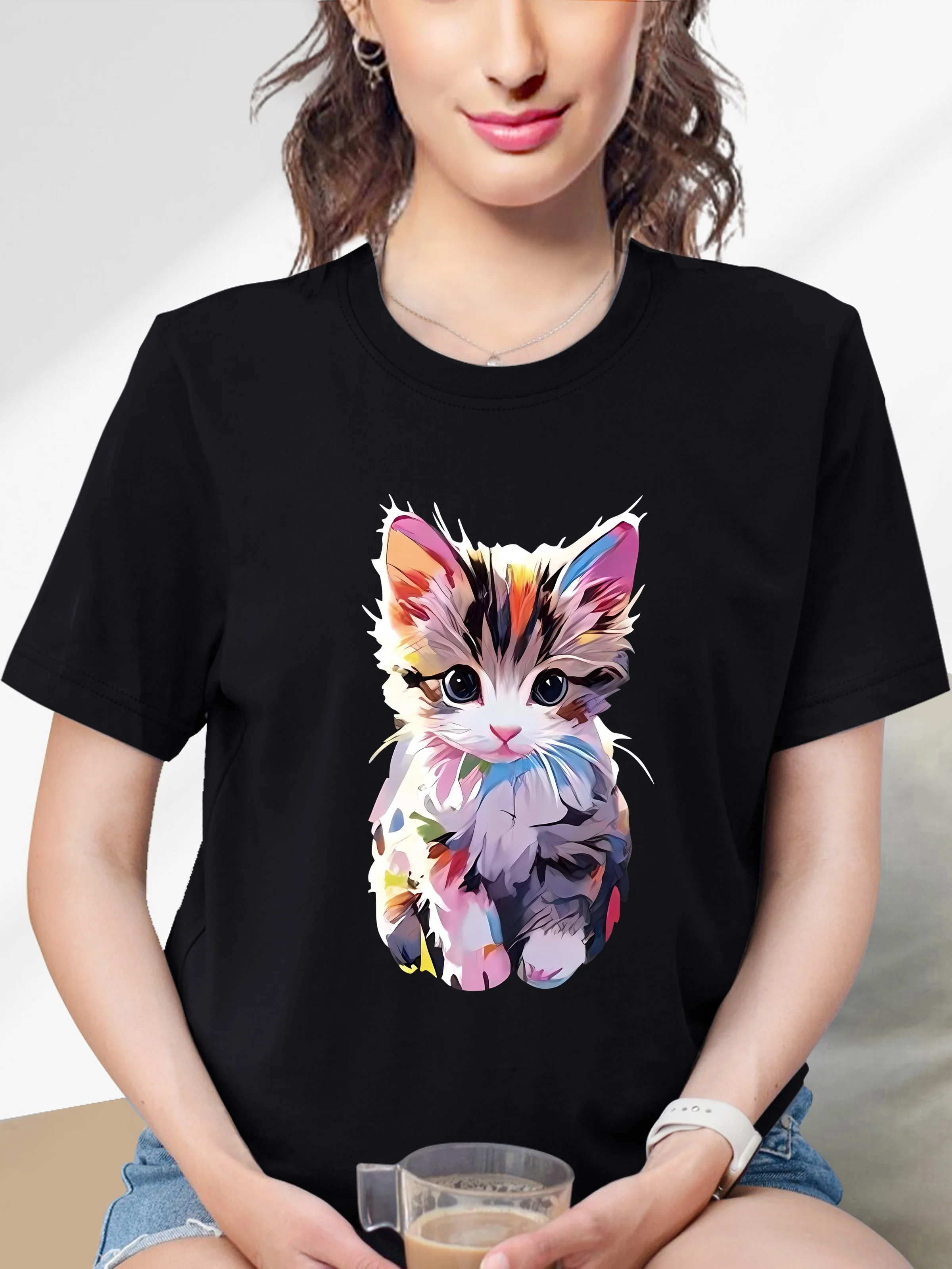 

Cat Print Crew Neck T-shirt, Short Sleeve Casual Top For Summer & Spring, Women's Clothing women t shirt