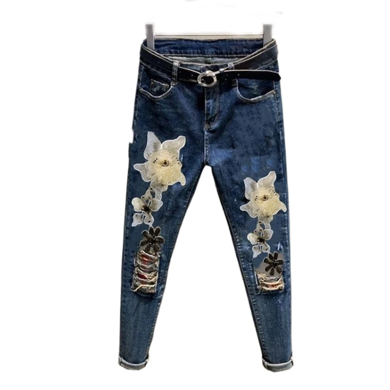

New Chinese Style Women's Jeans, Flower Shaped New Elastic Jeans, Slim Jeans, Sequined Ripped High Waisted Small Leg Pants
