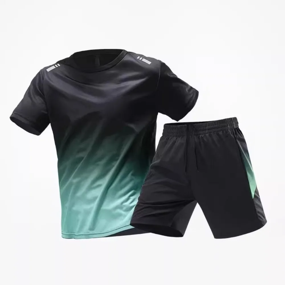 2025 Men's And New Summer Solid Round Neck Ice Silk Short Sleeve Breathable Shorts Set Sunscreen Sportswear Moisture Absorption