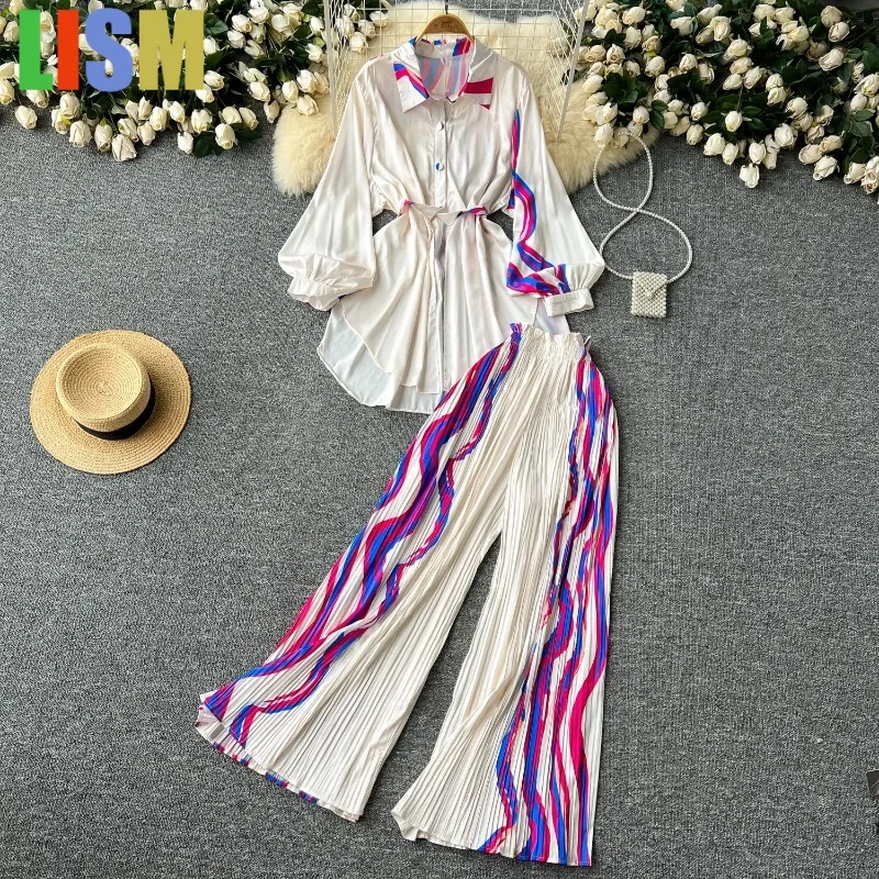 

LISM наряд из двух предметов с рукавами и принтом, милые плиссированные брюки с высокой талией, широкие брюки, женские повседневные летние комплекты для отпуска