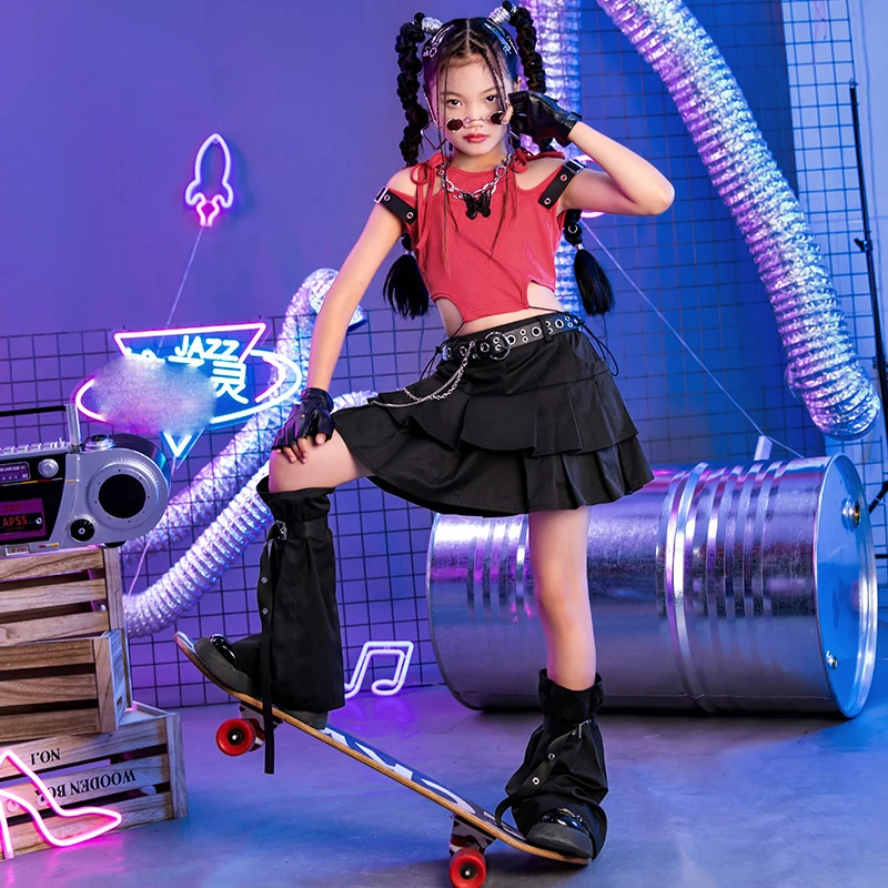 

2023 New Jazz Modern Dance Costumes For Girls Red Vest Loose Skirts Suit Children Hip Hop Dance Performance Stage Wear DQL8411