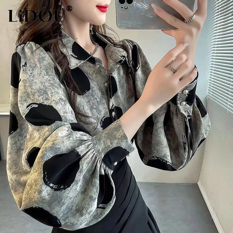 Summer Streetwear Polo-neck Printed Buttons Top Women Long Sleeve Loose Casual Harajuku Y2K Shirt Lady Elegant All-match Blouse