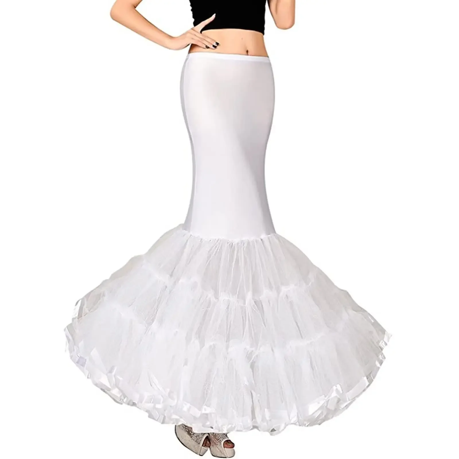جديد تول حورية البحر ثوب نسائي الزفاف الأبيض تحتية ثوب نسائي الزفاف كرينولين اللاسلكية حورية البحر البوق تنورة داخلية #4