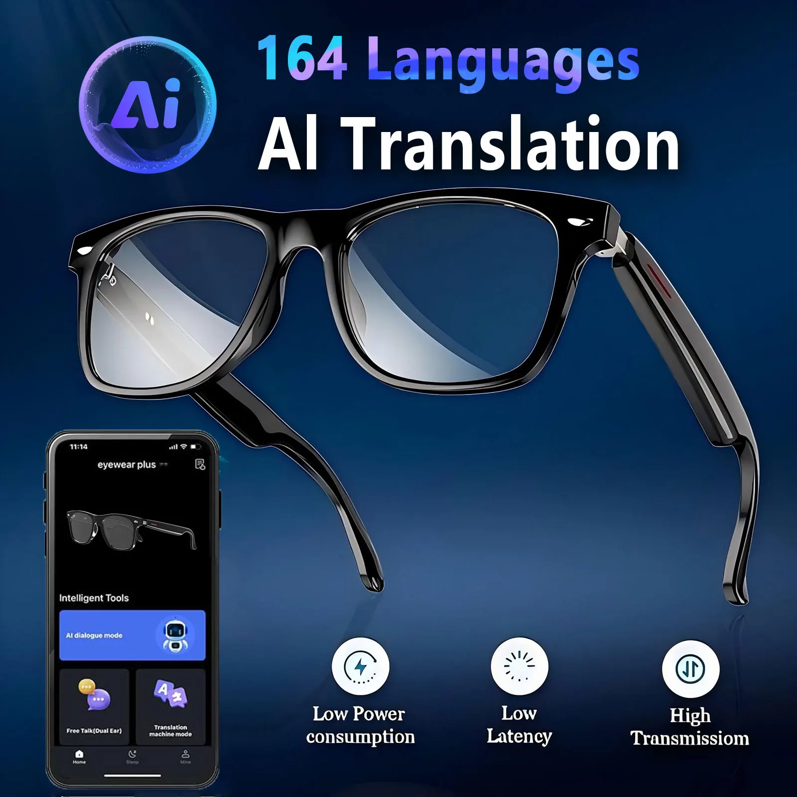 블루라이트 차단 렌즈가 장착된 스마트 AI 번역 안경, 164개 언어 실시간 앱 번역 지원