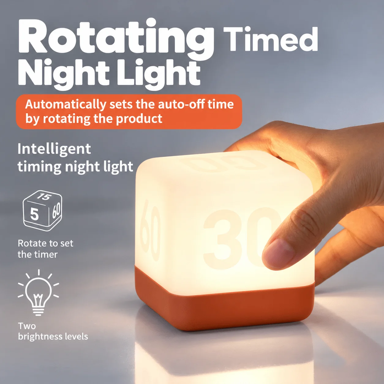 Persun Modern Minimalist Flip Timer Night Light, USB Rechargeable LED Cube Table Lamp, Bedside Sleep Ambient Light for Bedroom