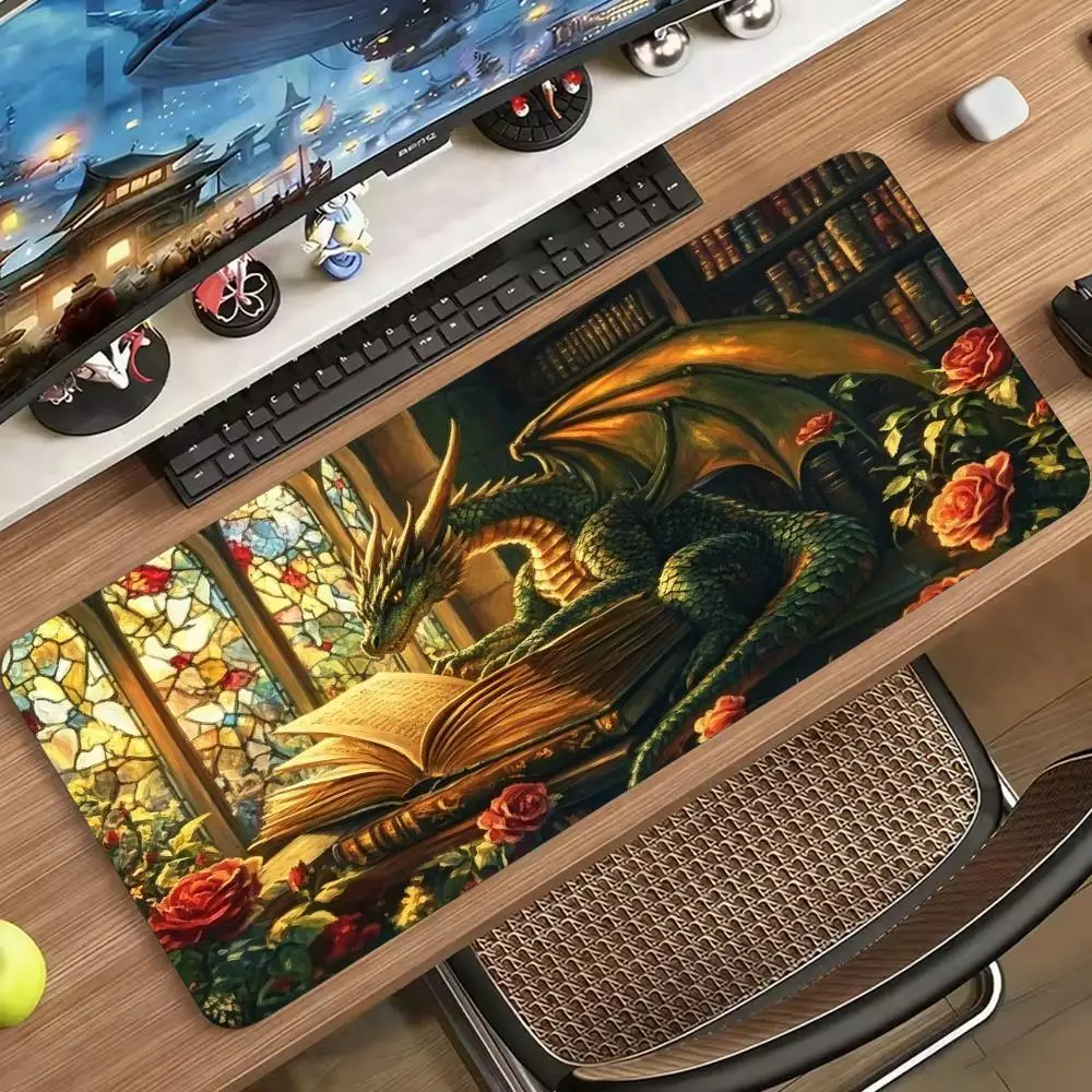 Green Dragon Reading Book Rose Library Large Gaming Mouse Pad XXL Desk Mat Non-Slip Stitched Edge for Fantasy Desk Decor