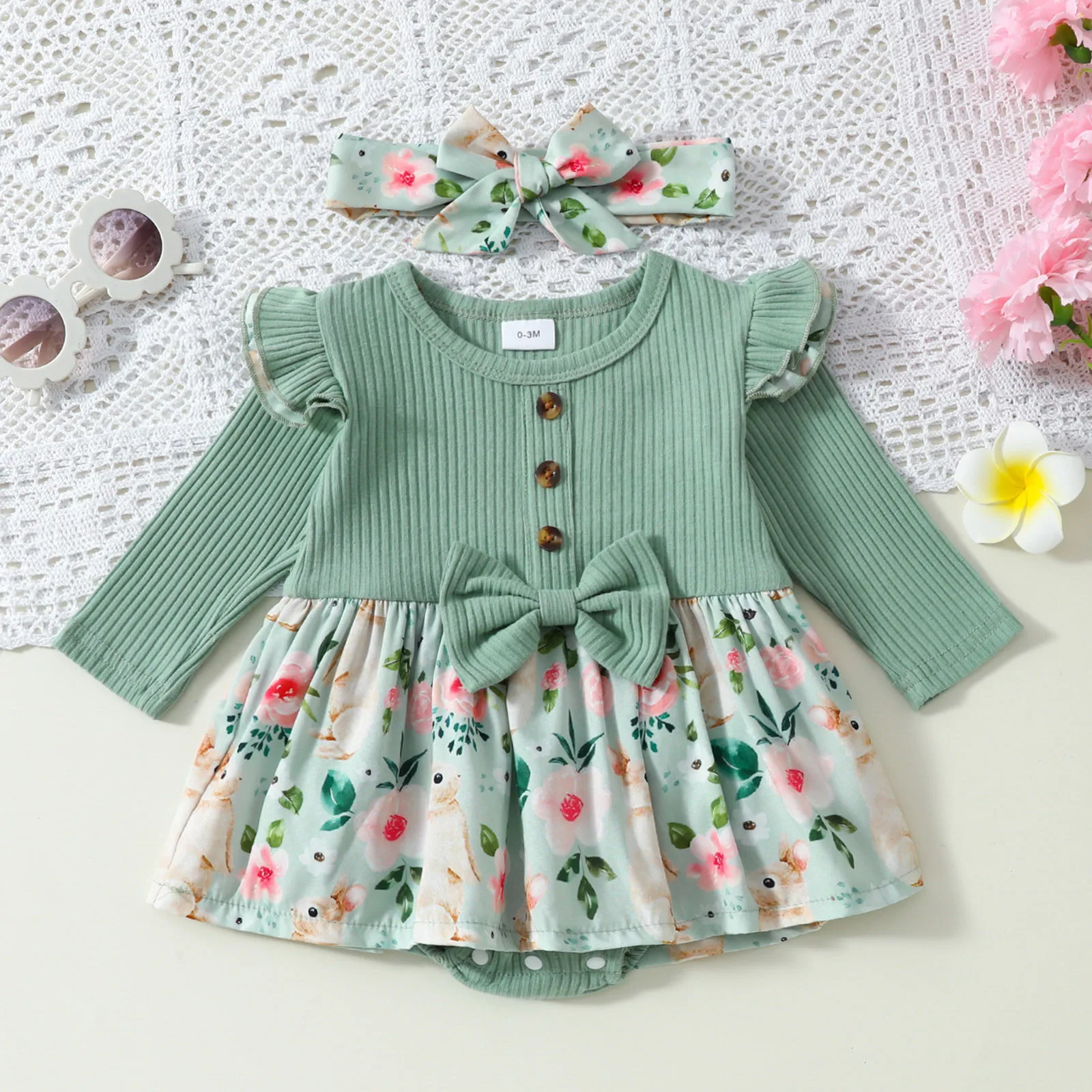 Newborn Baby Girl Romper Dress Bunny Flower Print Ribbed Ruffle Long Sleeve Bodysuit Jumpsuit+Headband Two Piece Outfits Sets