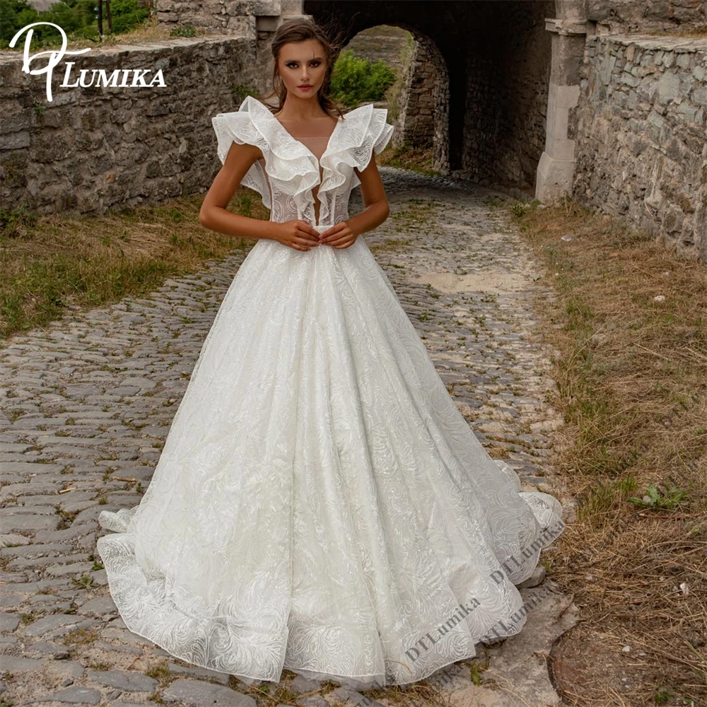 DTLumika  Luxury Unique Lace Wedding Dress Flare Sleeves A Line Long Bride Dresses, Customized Double V Cut Backless Bridal Gown