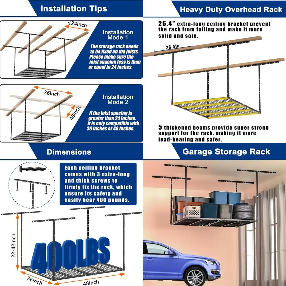 Heavy-Duty 3x4FT Adjustable Ceiling Storage Rack for Garage, 450lbs Capacity, Metal Organizer, Black
