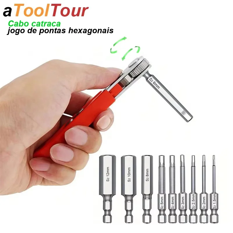 Conjunto de Chaves de Fenda e Chaves Allen com Cabo Catraca, Pontas Sextavadas Métricas, Imperiais e SAE para Bicicletas e Ferramentas Manuais