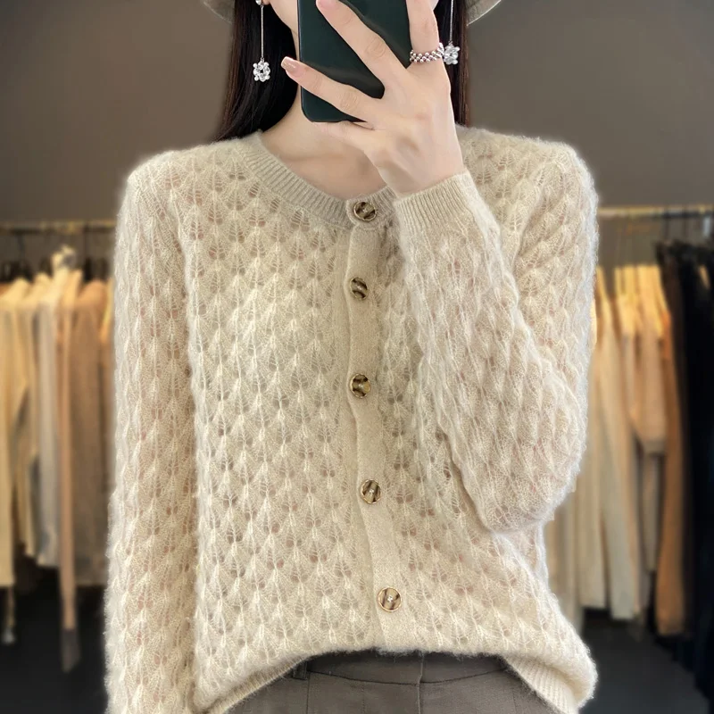 

Women's 100% Pure Cashmere New Round Neck Hooked Flower Hollow Knitted Sweater Solid Color Coat Spring/Summer Fashion Casual Top