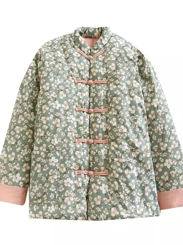 Novo chinês sle floral algodão jaet feminino solto gola bordado casaco de inverno thiened longo sve commute wear