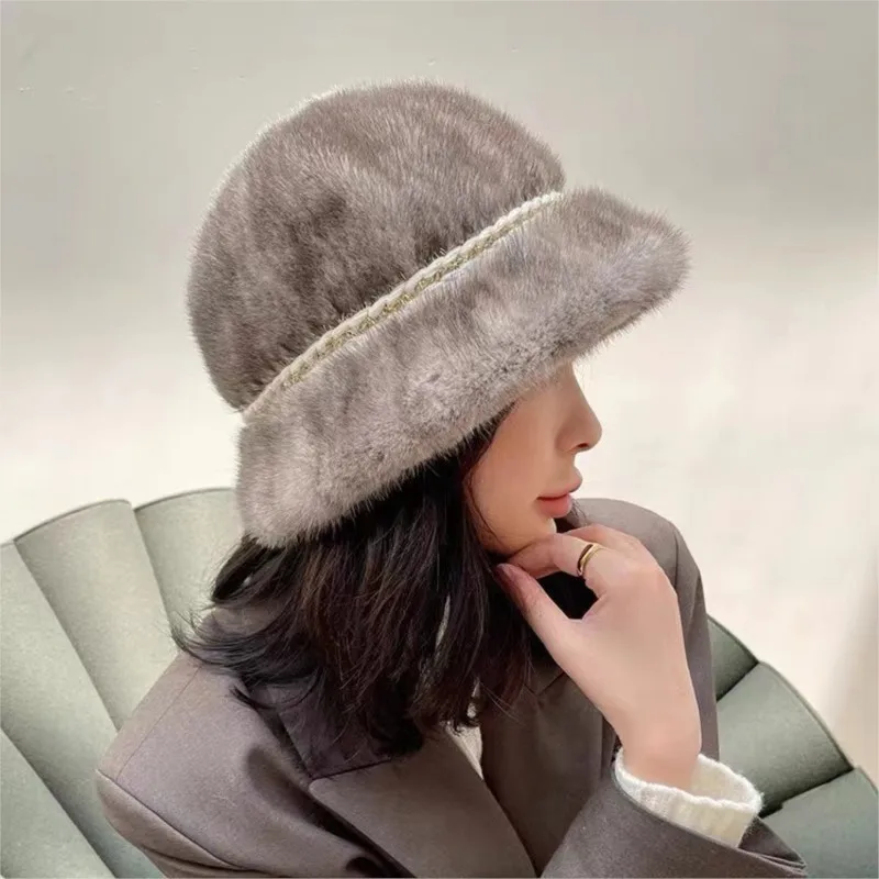 Leather hats for children to keep warm in autumn and winter fur fisherman versatile real bucket ear-protecting top