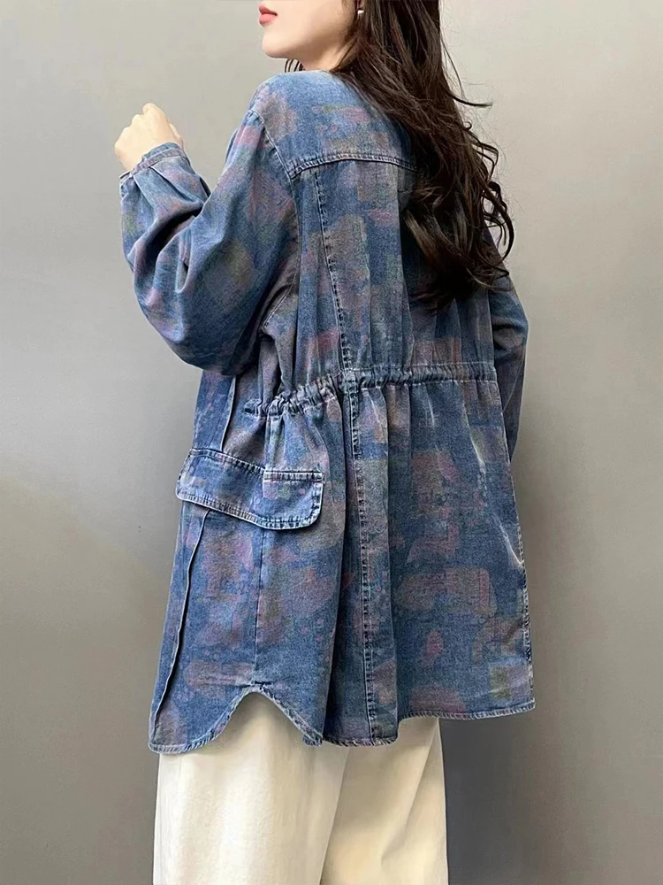 Max Lulu Frühling Damenmode Denim Trench Damen lässig bedruckte Vintage Wind breaker lose o Hals Mäntel klassische lange Kleidung