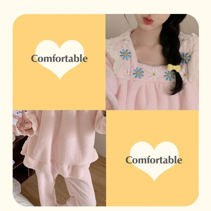 Women's Winter Coral Fleece Pajamas Set Princess Style 2 Piece Flannel Lounge Wear Soft Fuzzy Pjs with Embroidered Flowers