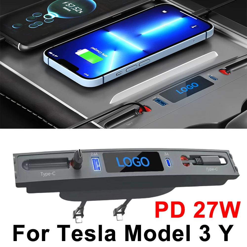 For Tesla Model 3 Model Y Docking Station 27W PD Type C Hub Quick Charge QC3.0 USB Shunt Hub Center Console Splitter Extension