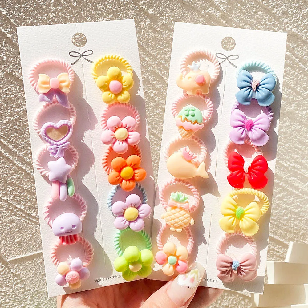 10PCS/Set New Girls Cute Cartoon Flower Small Scrunchie Kids Ponytail Hair Tie Elastic Bands Fashion Baby Hair Accessories Gifts