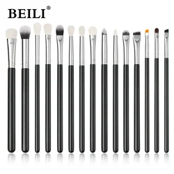 BEILI Black Makeup Brushes With Bag Premium Professional Goat Hair 15Pcs Eyebrow Eyeshadow Eyeliner Blending Detail Brush Beauty